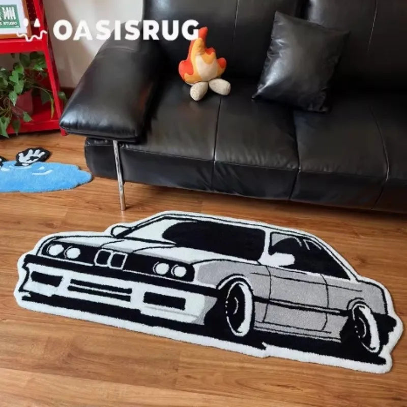 Retro Cartoon Car Area Rug, Personalized Polyester Carpet with Non-Slip & Water-Resistant Design, Soft Absorbent Mat for Bedroom, Gaming Room, Living Room & Bathroom