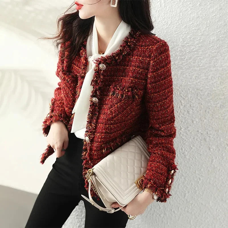 New Autumn Winter Vintage Tweed Jacket Women Small Fragrance Coat Korean Wool Blend Coat Elegant Female Outerwear Mother Clothes