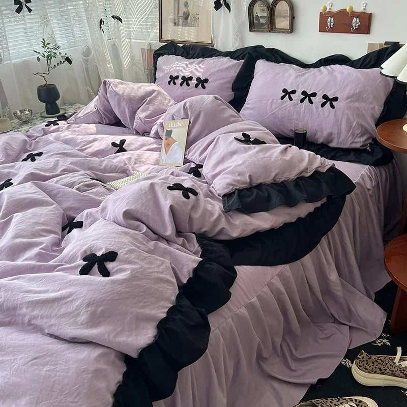 Black Bow Cotton Bedding Set – Princess Style Washed Cotton Duvet Cover with Embroidered Bow, Flat Sheet & Pillowcases