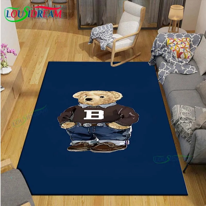 Cute Bear Cartoon Area Rug, 3D Printed Polyester Crystal Velvet Carpet with Non-Woven Backing, Kids Bedroom & Living Room Mat for Playroom, Home & Decor