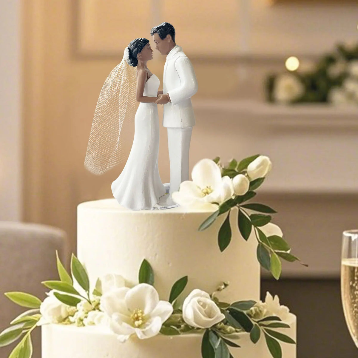 African American Couple Wedding Cake Topper – 4.33" Elegant Bride & Groom Plastic Cake Decoration with White Veil
