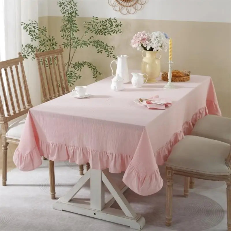 Ruffled Cotton Tablecloth, Nordic Farmhouse Rectangle Table Cover with Elegant Frilled Edge, Reusable Washable Dining Table Linen for Kitchen, Home & Holiday Decor
