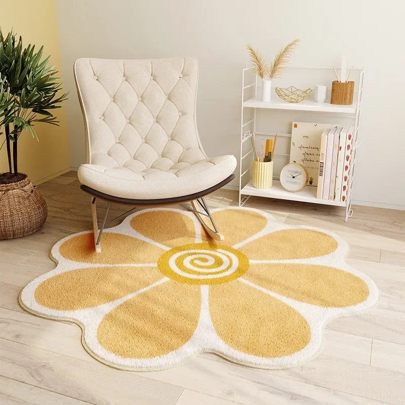 Floral Irregular Area Rug, Cute Modern Geometric Polyester Carpet with Vinyl Backing, Soft Decorative Floor Mat for Bedroom, Living Room, Study & Reading Area