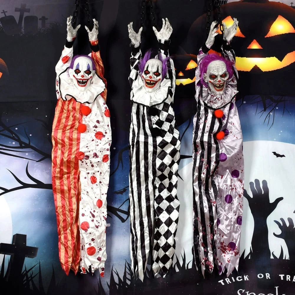 Halloween Party Props Animated Hanging Clown with Chain Glowing Eyes Creepy Sound for Haunted House Outdoor Yard Decoration