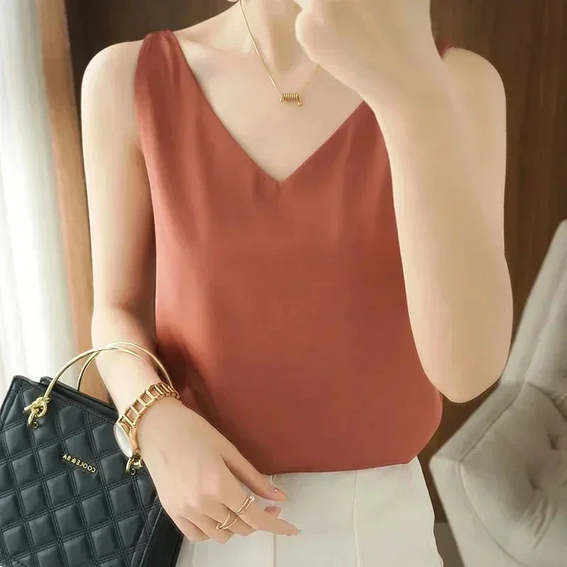 Tank Tops for Women Sleeveless V Neck Satin Silk Camisole Fashion Summer Solid Loose Vest Ladies Tops Streetwear