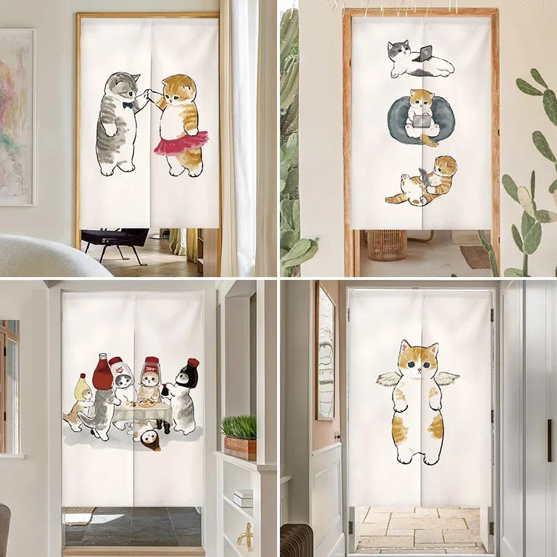 Funny Cat Japanese Noren Door Curtain, Cute Cartoon Hanging Half Curtain for Kitchen, Living Room & Restaurant, Polyester Room Divider for Doorway & Entrance Decor