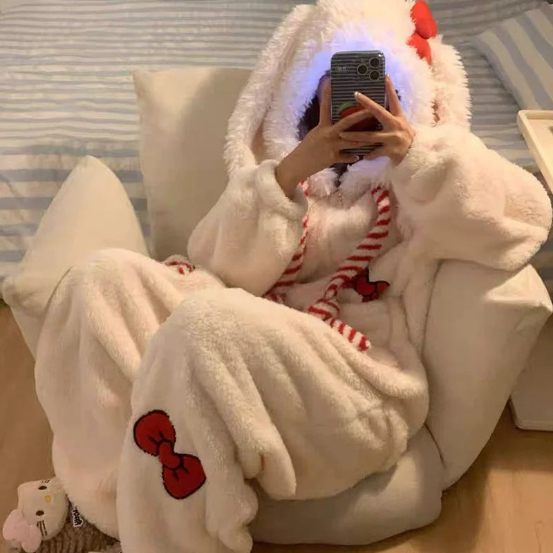 Thickened Winter Pajamas Onesie Coral Fleece Hooded Sleepwear for Cute Girls And Men Home Clothes Outdoor Wearable Cartoon Print