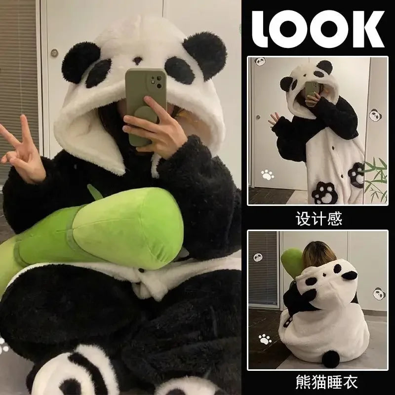 Pajama Kigurumi Cosplay Party Costume Loungewear Cartoon Panda Long Robe Jumpsuit Winter Women Thicken Coral Fleece Homewear
