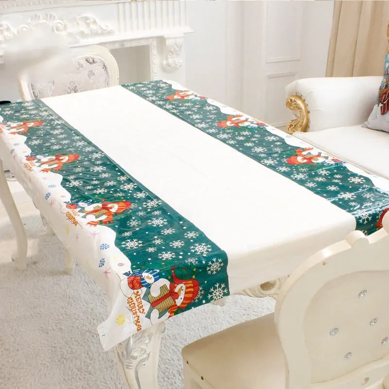 Christmas Rectangular Tablecloth 110×180cm, Disposable PVC Table Cover with Santa, Snowman & Christmas Tree Print, Festive New Year Party Dining Decor for Home & Events