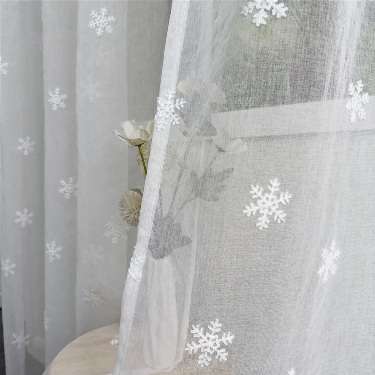 Christmas Snowflake Embroidered Tulle Curtain, White Romantic Imitation Linen Sheer Window Drapes, Elegant Translucent Curtain for Living Room, Bedroom & Holiday Decor