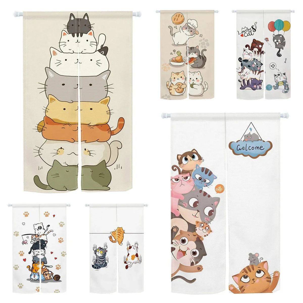 Cute Cat Door Curtain, Cartoon Printed Short Door Curtain for Kitchen & Dining Room, 1-Panel Polyester Room Divider for Home, Cafe & Office Decor