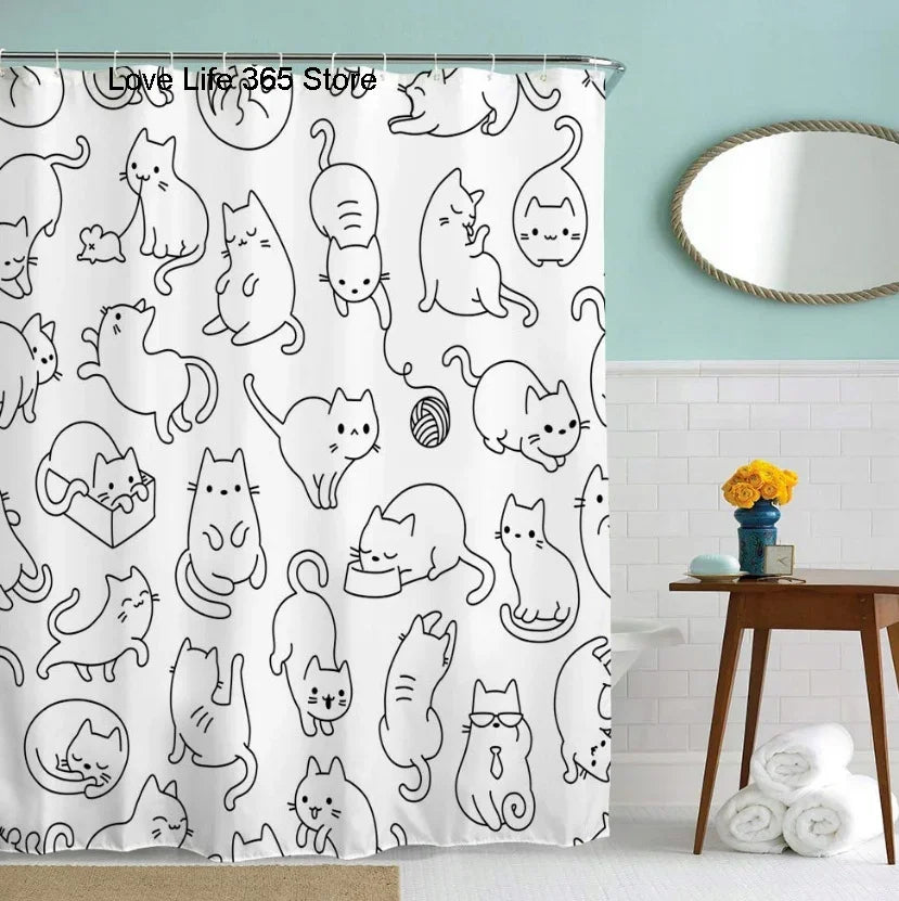 Cute Cat Pattern Shower Curtain, Fun Cartoon Bathroom Curtain with Waterproof Polyester Fabric, Washable Modern Decor for Toilet, Window, Door & Wall