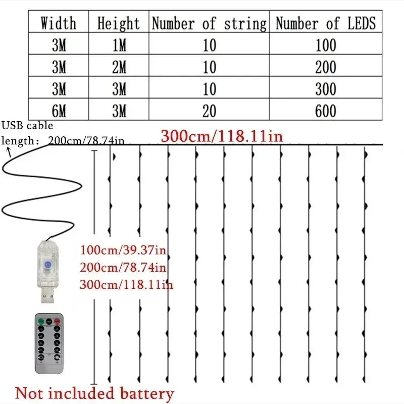 USB LED Curtain String Lights with Remote, 8 Lighting Modes, 3×1M–6×3M Fairy Garland Lights, Warm White, White & Multicolor Christmas Decor for Bedroom, Wedding & Party