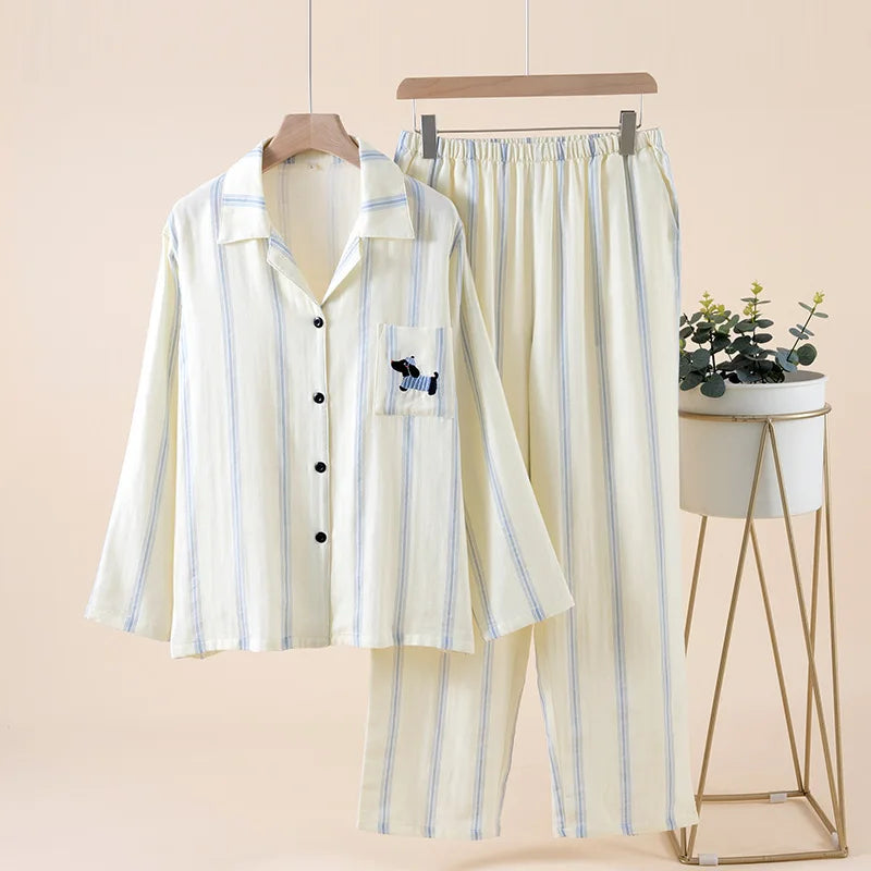 Cute Dog Embroidery Couple Pajamas Set 100% Cotton Striped Sleepwear for Lovers Matching Button Down Loungewear Japanese Style