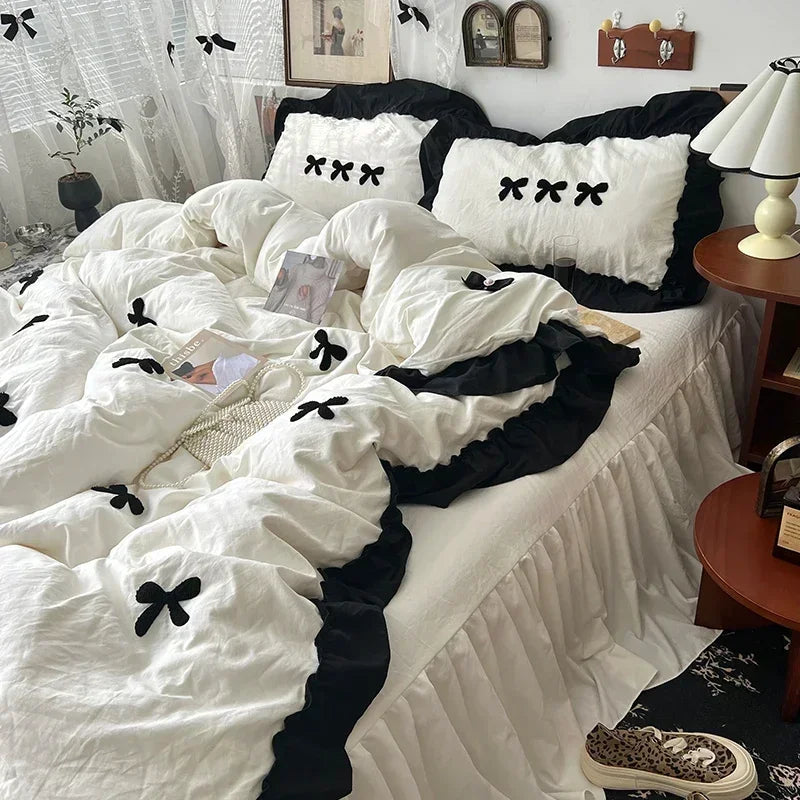 Black Bow Cotton Bedding Set – Princess Style Washed Cotton Duvet Cover with Embroidered Bow, Flat Sheet & Pillowcases