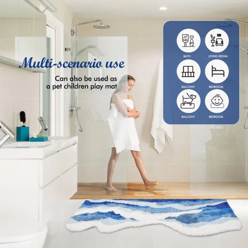 Aesthetic Wave Rug 50×80–70×160cm, Blue Ocean Tufted Polyester Carpet with Anti-Slip Backing, Soft Scenic Floor Mat for Bathroom, Bedroom, Living Room & Kids’ Room