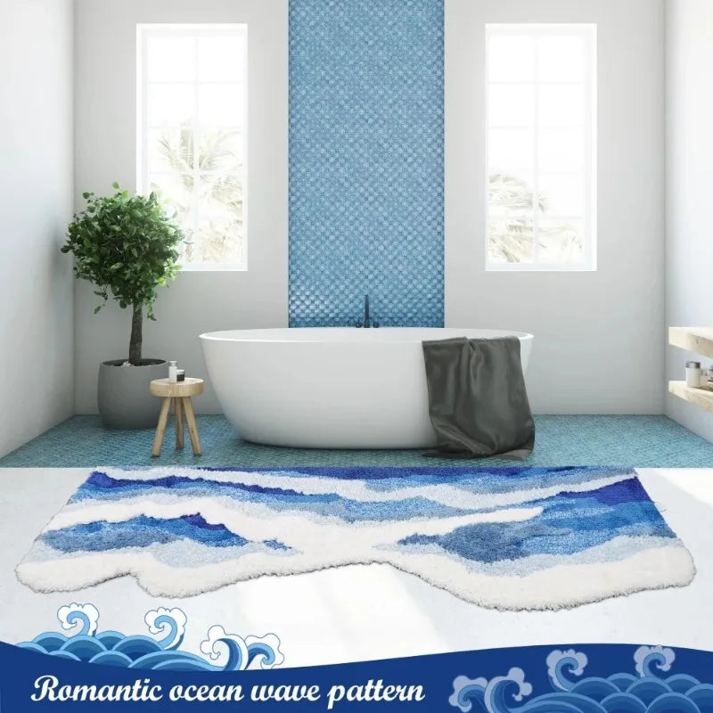 Aesthetic Wave Rug 50×80–70×160cm, Blue Ocean Tufted Polyester Carpet with Anti-Slip Backing, Soft Scenic Floor Mat for Bathroom, Bedroom, Living Room & Kids’ Room