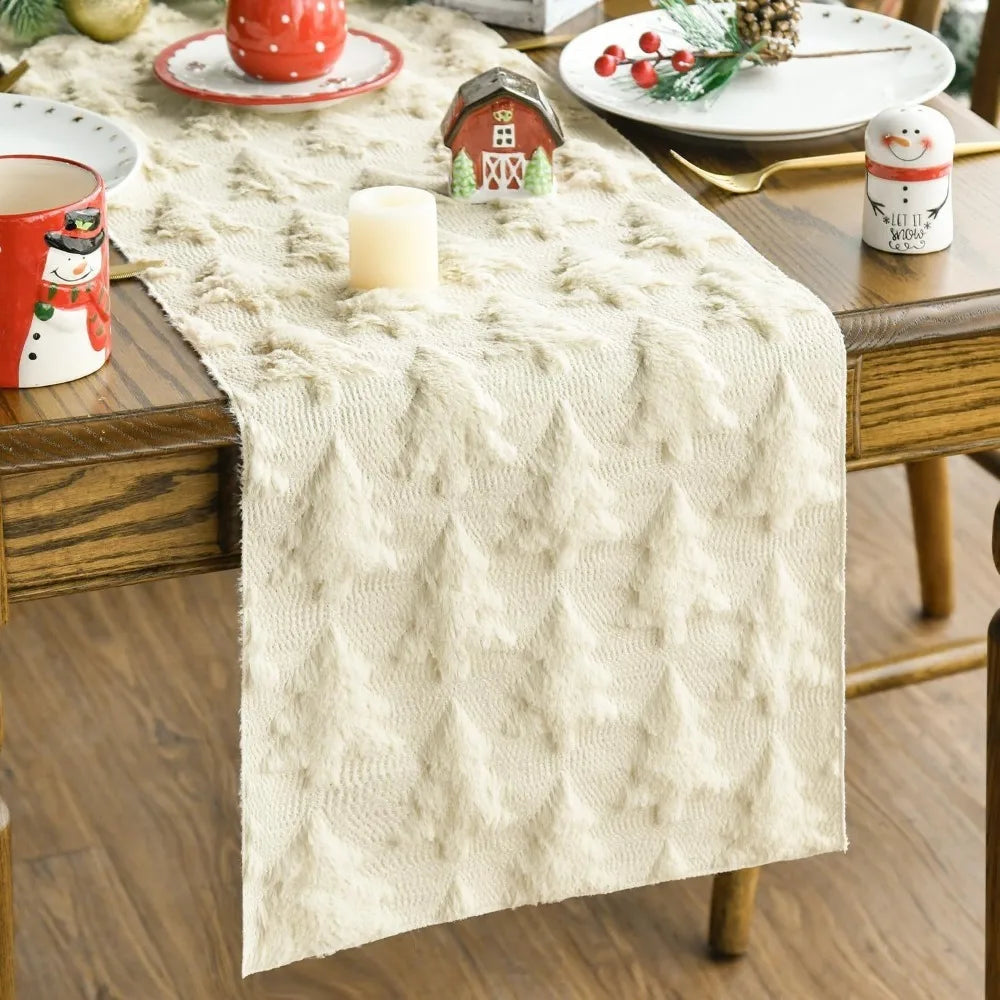 Christmas Tree Table Runner 33×183cm – Plush Embroidered & Embossed Table Cover for Dining Table, Holiday & Festive Home Decor
