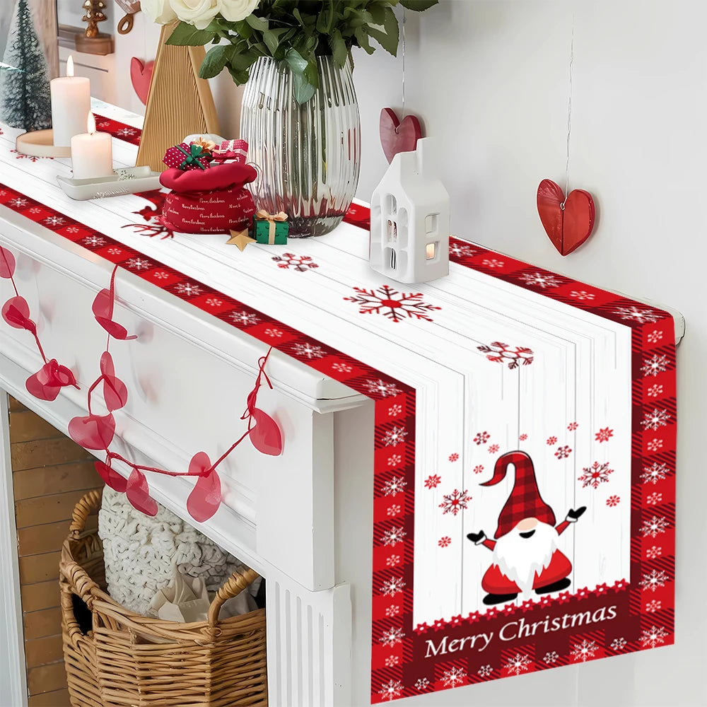Christmas Table Runner, Buffalo Plaid Gnome Reindeer & Snowflake Holiday Table Decor, Merry Christmas Polyester Runner for Dining Table, Party & Home