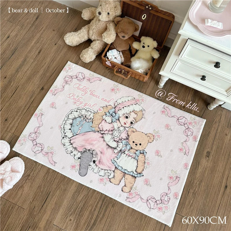 Cute Cartoon Bear Rug, Kawaii Round & Rectangular Plush Carpet with PVC Anti-Slip Backing, Soft Polyester Bedside Floor Mat for Bedroom, Living Room & Home Decor