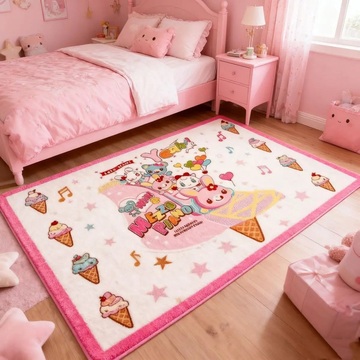 Japanese Cartoon Plush Bedside Rug, Soft Polyester Floor Mat for Bedroom, Living Room, Sofa & Coffee Table, Cute All-Season Home Decor Carpet