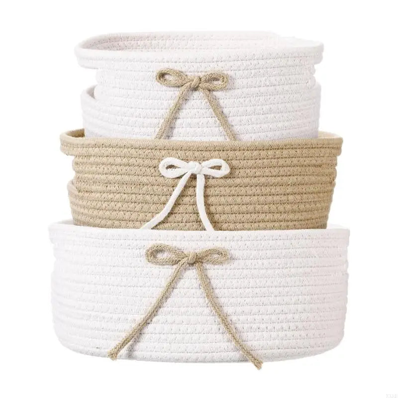 Set Of 3 Hand Handwoven Cotton Bowknot Decorated Storage Baskets Nesting Organizers For Home Bedroom Kids Room KXRE