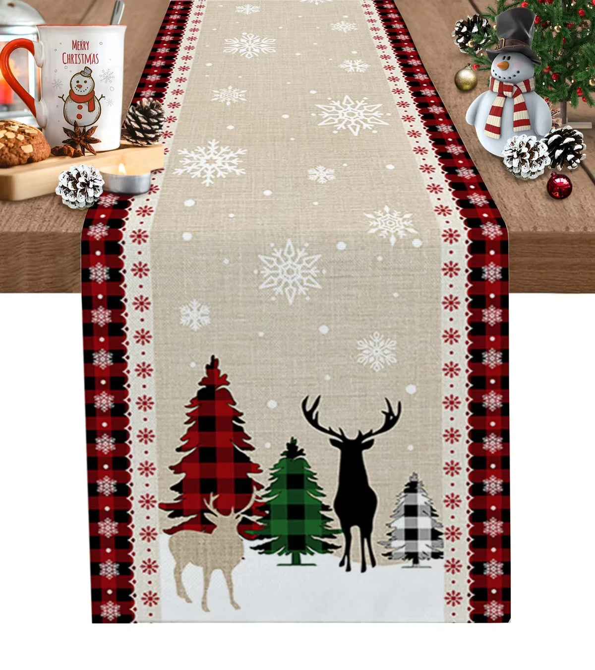 Christmas Plaid Table Runner with Snowflake & Ornament Design, Merry Christmas Holiday Table Decor, Festive Polyester Dining Table Accent for Home, Party & Winter Decor