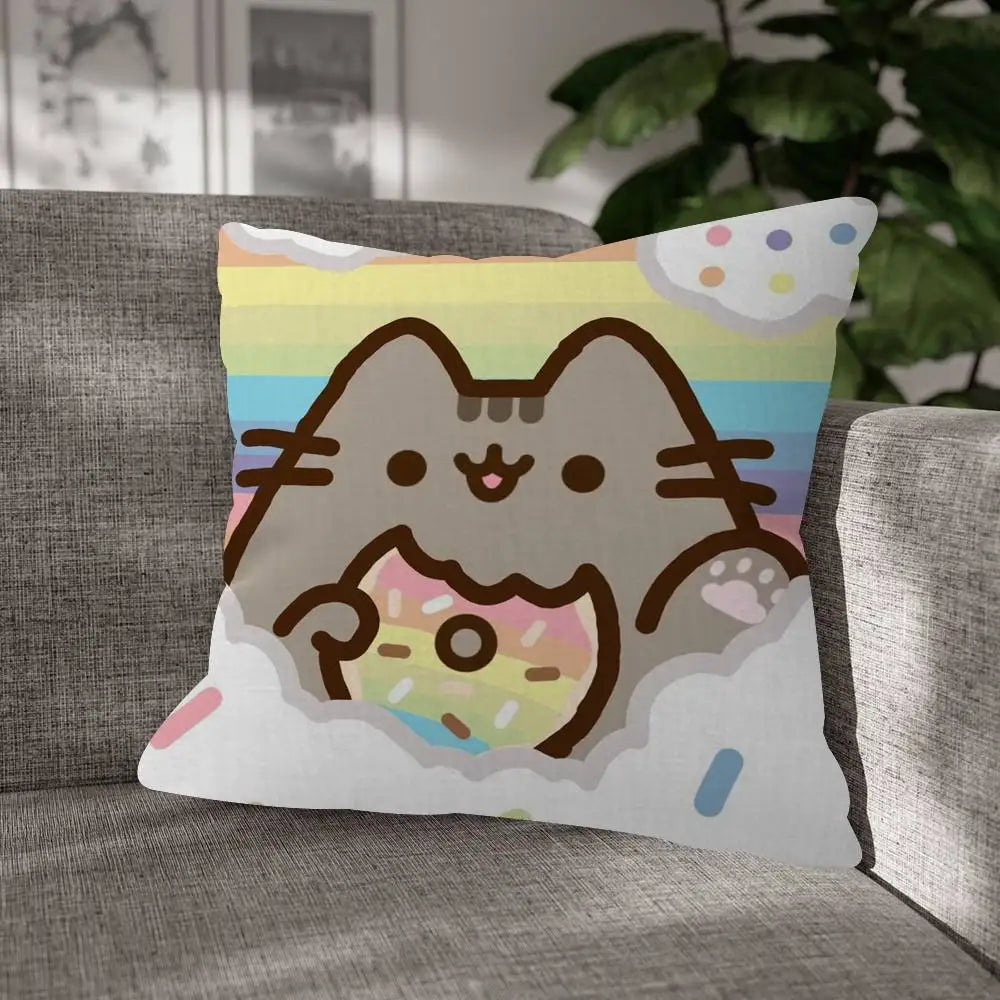 Pusheen Cartoon Cushion Cover, Cute Anime Printed Polyester Pillowcase, Decorative Throw Pillow Cover for Sofa, Bed, Bedroom, Kids’ Room & Home Decor