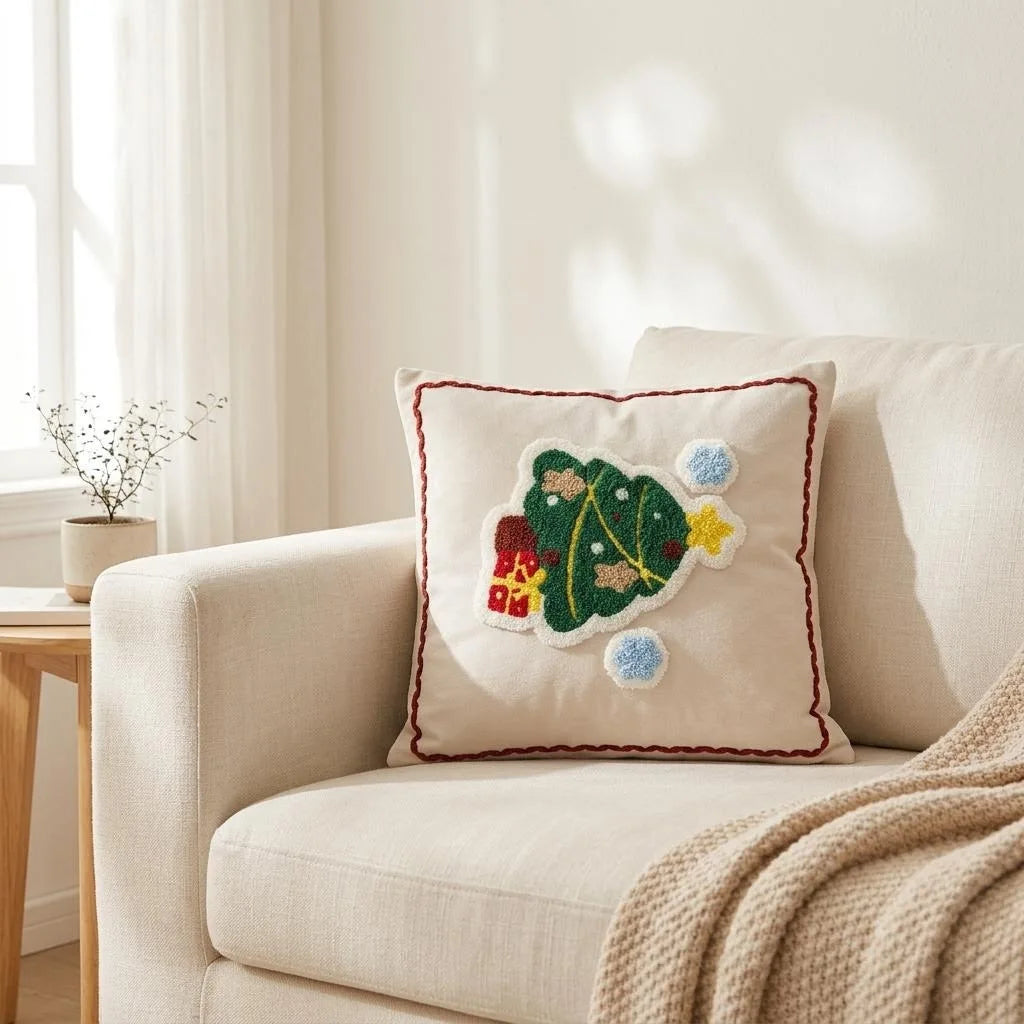 Christmas Embroidered Throw Pillow Cover 45×45cm – Festive Jacquard Cushion Case with Hidden Zipper for Sofa, Bed & Home Decor