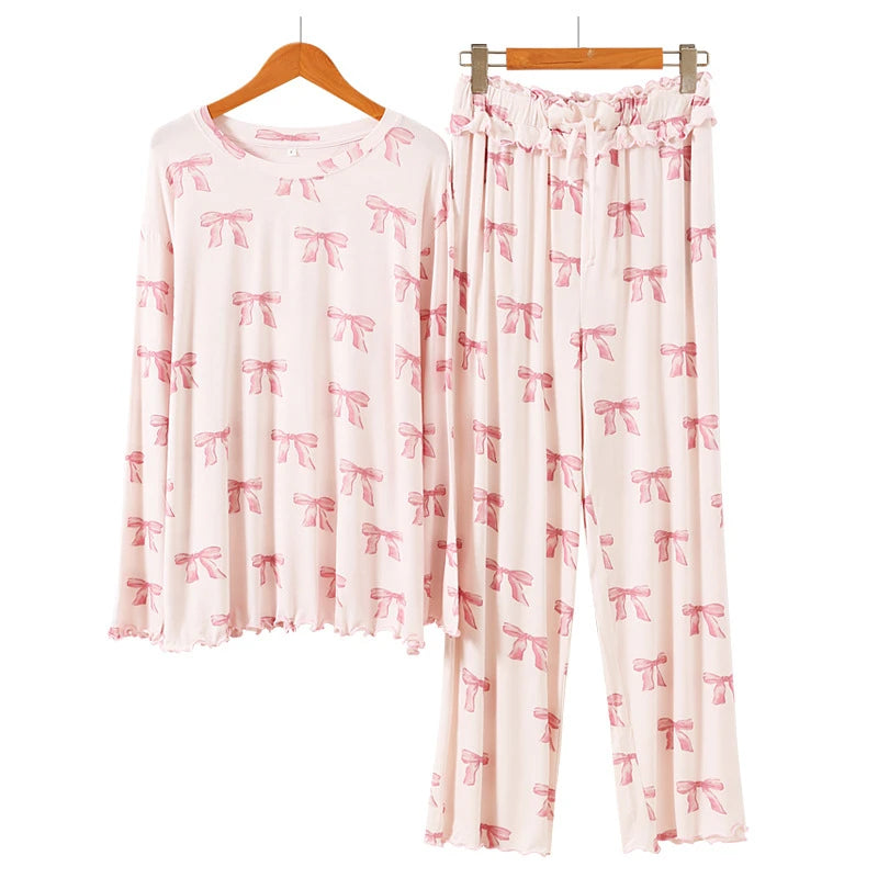 ComfortableJapanese Style Pajamas Soft Modal Sleepwear Long Sleeve/Straps Pants Home Clothes Suit Sweet Bow Print Loungewear