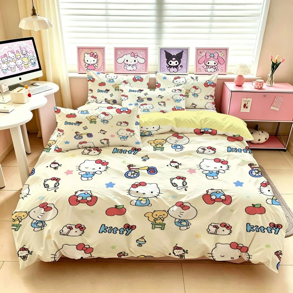 Sanrio Hello Kitty Bedding Set – Cute Cartoon Printed Duvet Cover & Pillowcase, Soft Polyester-Cotton Bed Linen for Girls, Dorm & Home