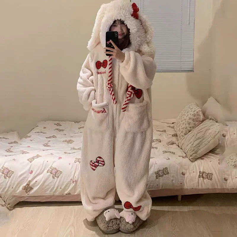 Thickened Winter Pajamas Onesie Coral Fleece Hooded Sleepwear for Cute Girls And Men Home Clothes Outdoor Wearable Cartoon Print