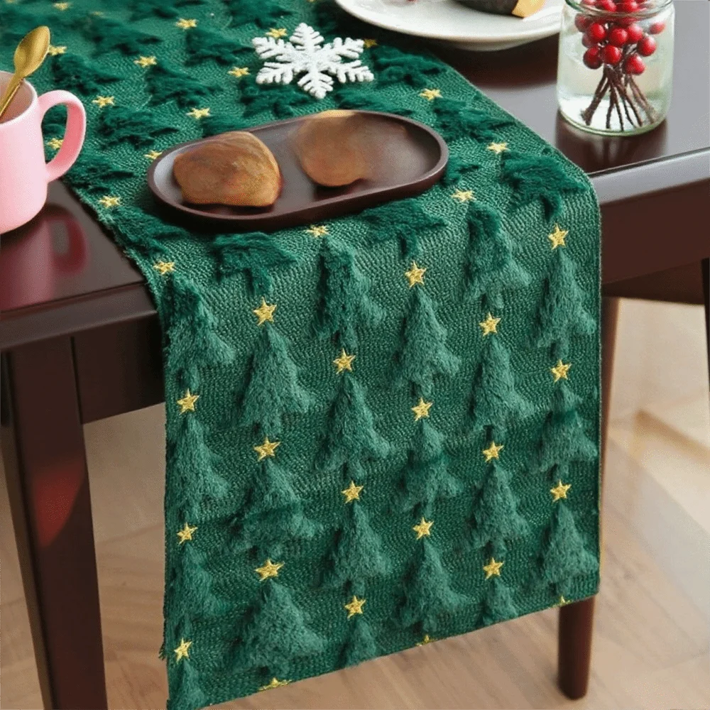 Christmas Tree Table Runner 33×183cm – Plush Embroidered & Embossed Table Cover for Dining Table, Holiday & Festive Home Decor