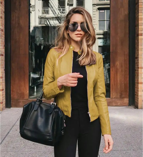 Women’s PU Leather Biker Jacket – Zipper Motorcycle Coat for Autumn & Winter
