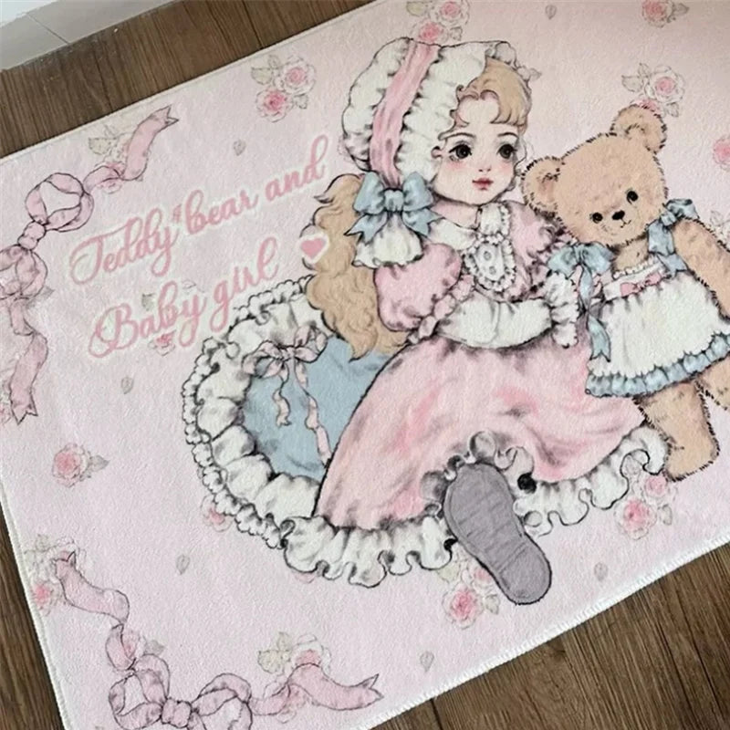 Cute Cartoon Bear Rug, Kawaii Round & Rectangular Plush Carpet with PVC Anti-Slip Backing, Soft Polyester Bedside Floor Mat for Bedroom, Living Room & Home Decor