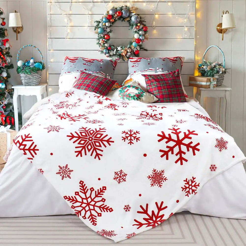 Christmas Throw Blanket, Red Snowflake Printed Flannel Fleece Blanket, Super Soft Plush Fuzzy Winter Blanket for Bed, Sofa, Couch & Holiday Home Decor