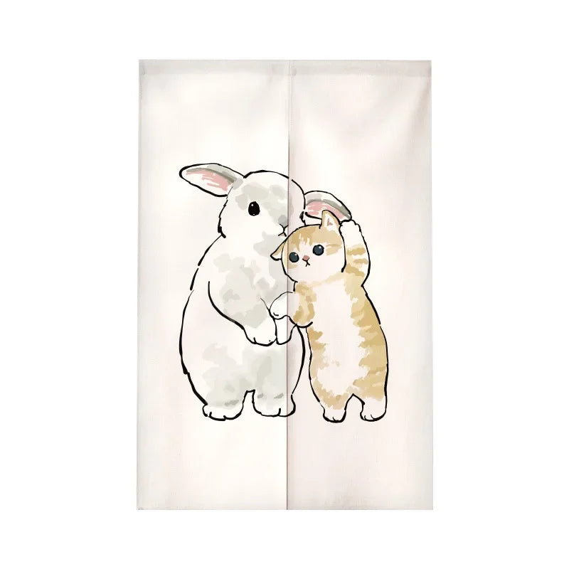 Funny Cat Japanese Noren Door Curtain, Cute Cartoon Hanging Half Curtain for Kitchen, Living Room & Restaurant, Polyester Room Divider for Doorway & Entrance Decor