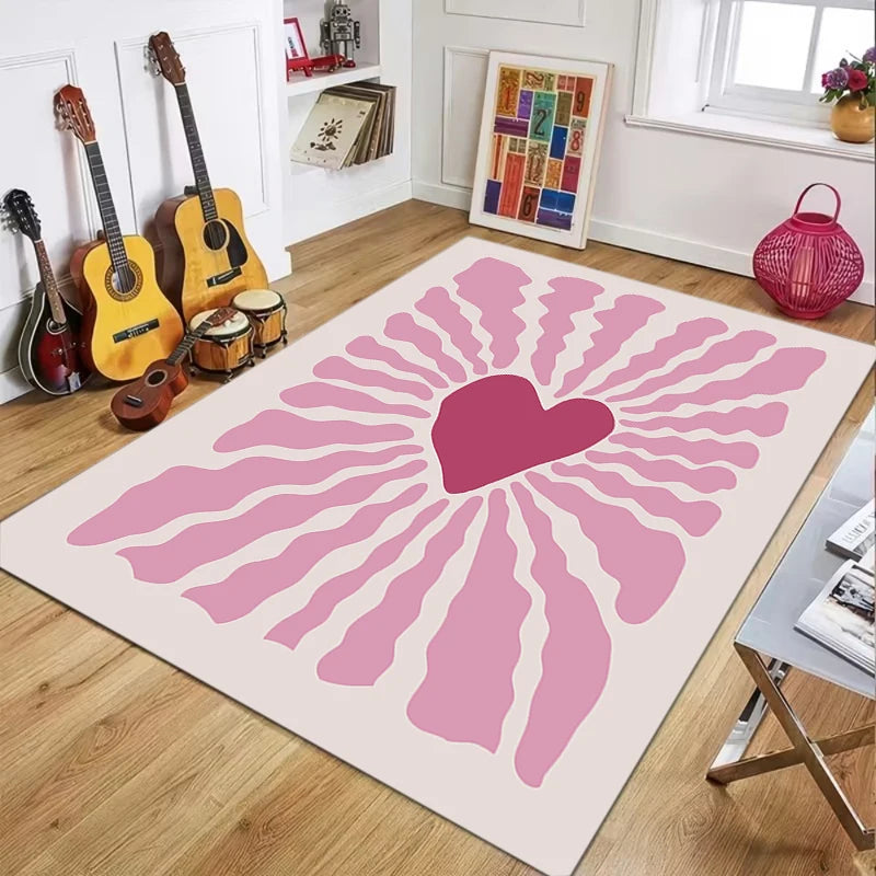 Pink Heart & Swirl Area Rug, Aesthetic Geometric Polyester Flannel Carpet with Non-Slip PP Backing, Soft Decorative Floor Mat for Bedroom, Living Room & Home Decor
