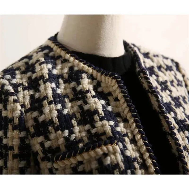 Women's Houndstooth Tweed Jacket - Black & Cream Collarless Cardigan Coat with Rope Trim