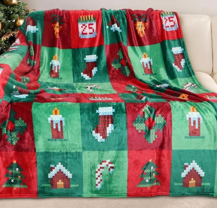 Christmas Throw Blanket, Soft Sherpa & Flannel Fleece Holiday Blanket with Cartoon Jacquard Design, Cozy Winter Throw for Sofa, Bed, Travel & Home Decor