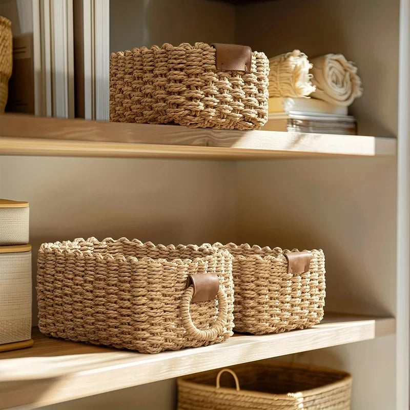 1 Woven Storage Basket with Handles – Paper Rope Organizer for Crafts, Decorative Storage Bin Small Woven Basket for Organizing