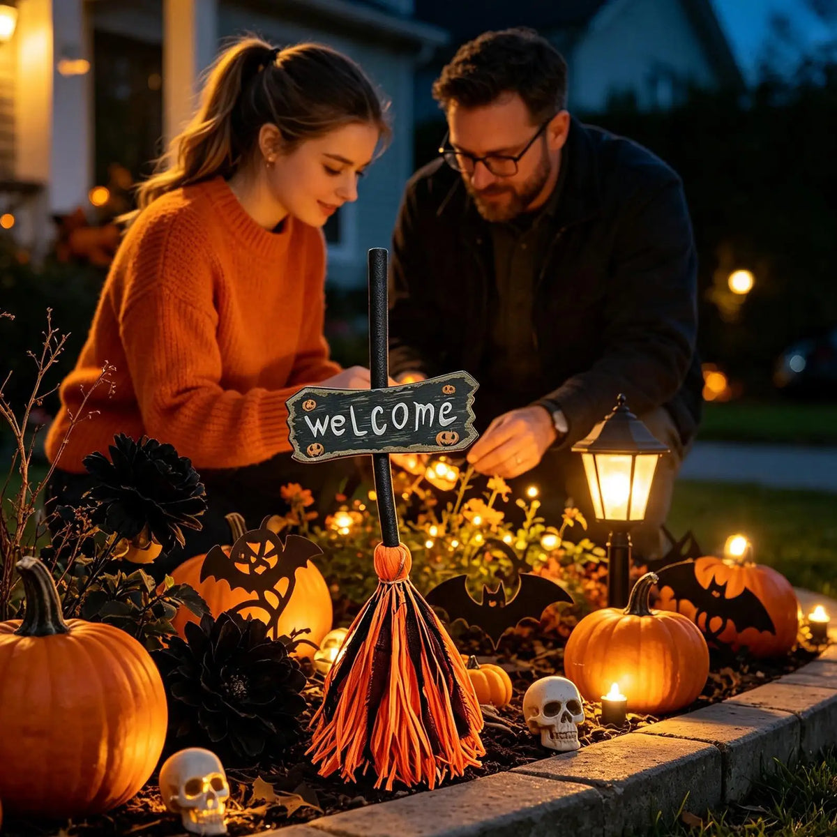 Animated Witch Broom Halloween Decor Motion Sensor Light Up Floating Moving Prop Spooky Dancing Decoration for Haunted House