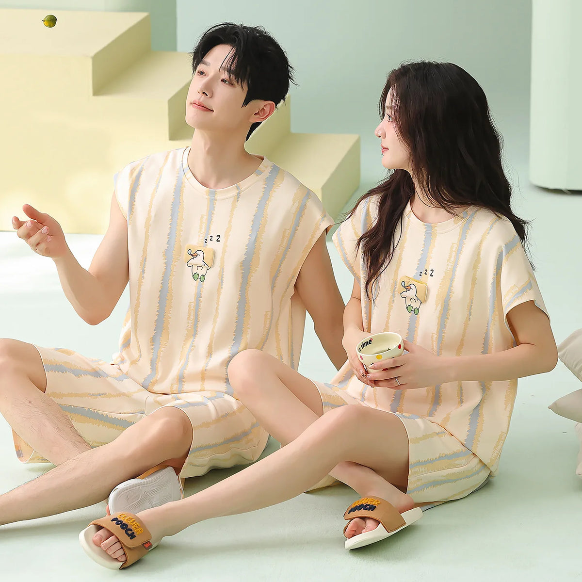 Summer Sleep Lounge Pajama Short-Sleeved Women's Pajama Set Cartoon Pyjamas Pure Cotton Couple Sleepwear Home Fashion