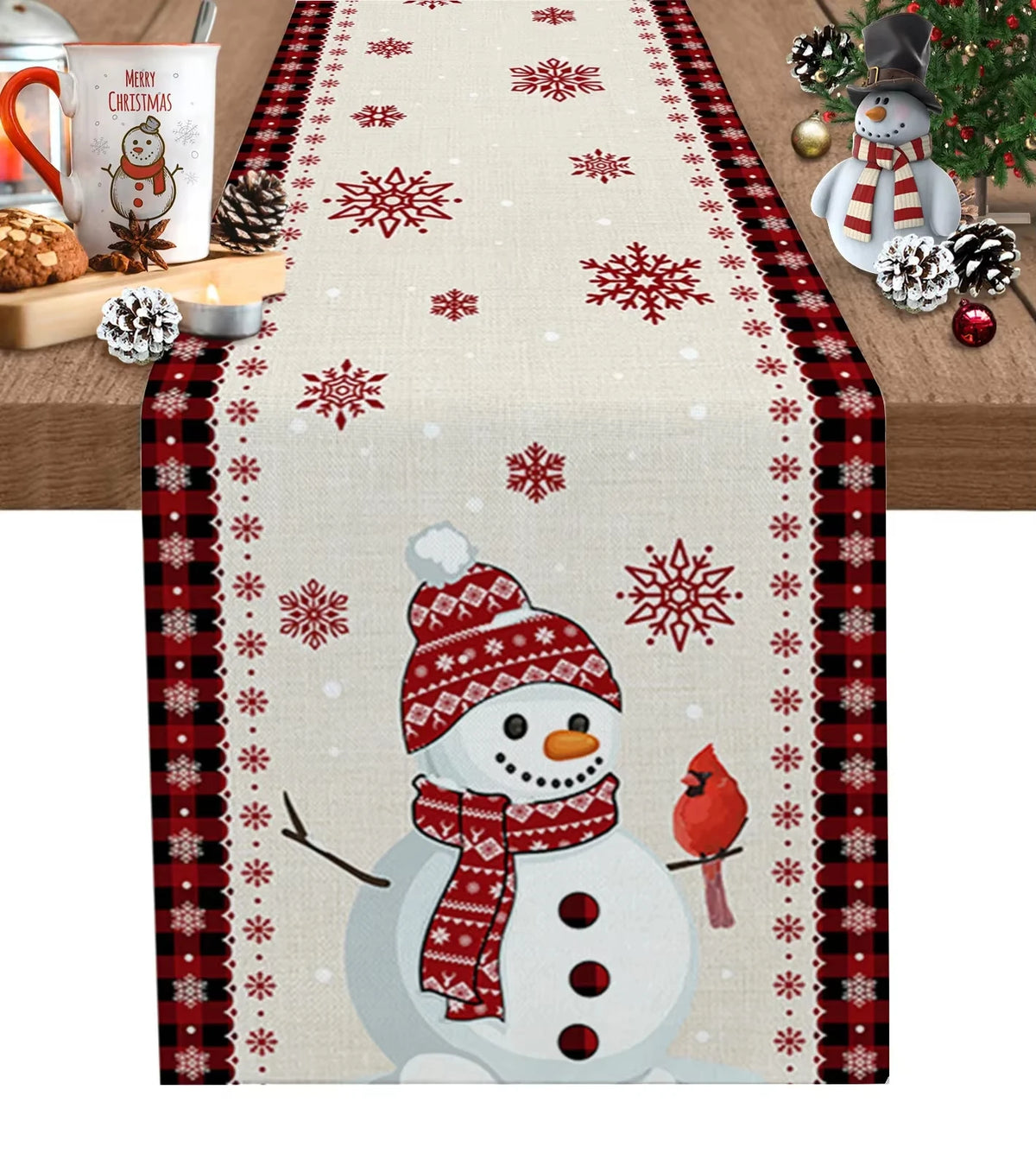 Christmas Plaid Table Runner with Snowflake & Ornament Design, Merry Christmas Holiday Table Decor, Festive Polyester Dining Table Accent for Home, Party & Winter Decor
