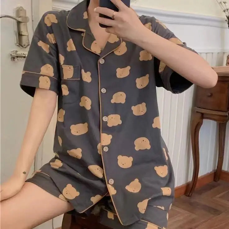 Pajamas Women Cartoon Cute Bear High Value Short Sleeve Loungewear Suit Cardigan Striped Sleepwear Large Plaid Ladies Nightwear