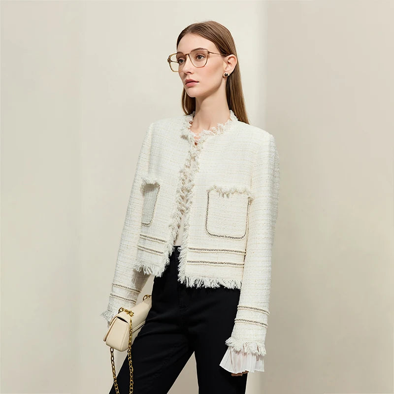 Amii Women's Jacket 2026 Autumn New Tweed Fringed Splicing Pleated