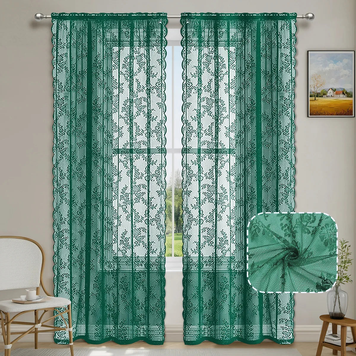 Floral Lace Curtains 1–2 Panels, Botanical Embroidered Semi-Sheer Window Curtains with Scalloped Edge, Vintage Romantic Decor for Living Room, Bedroom & Bay Window