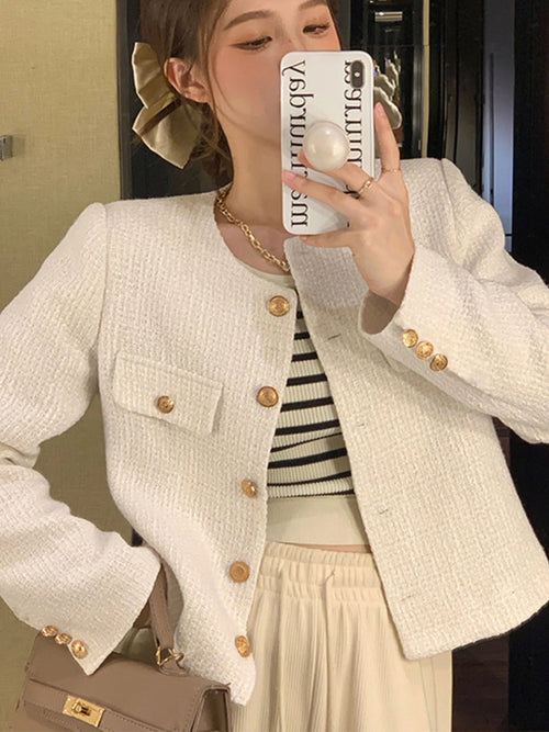 French Wool Tweed Coat Fashion High-end Gold Button Short Slim