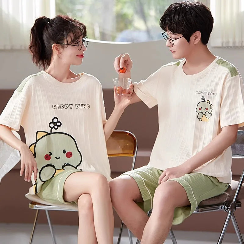 Cartoon Cute Bear Nightwear for Couples Summer Short Sleeves Shorts Sleepwear Women and Men Matching Homewear Young Boy Girl Pjs