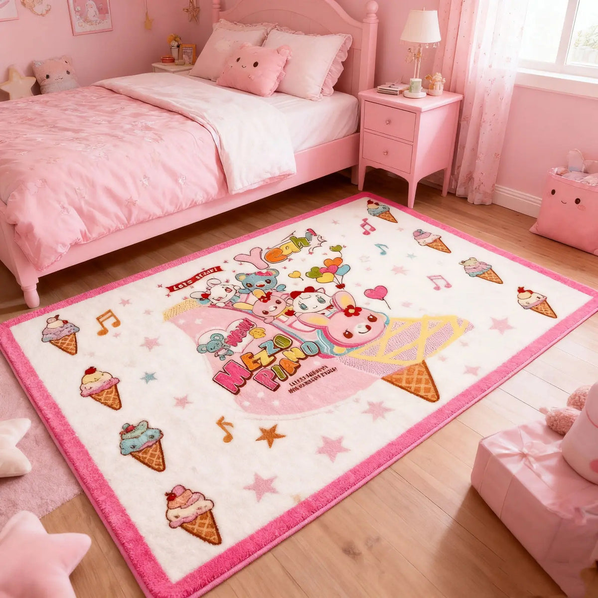 Japanese Cartoon Plush Bedside Rug, Soft Polyester Floor Mat for Bedroom, Living Room, Sofa & Coffee Table, Cute All-Season Home Decor Carpet